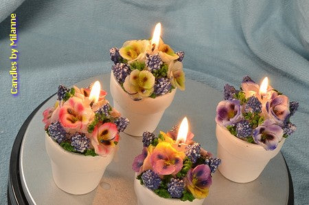 Setje van 4 Bloemen kaarsen in Stenen Potjes