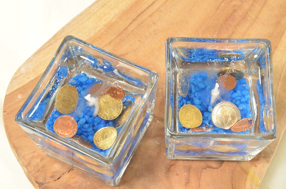 Geld kaars met Euro munten, hoogte: 8 cm