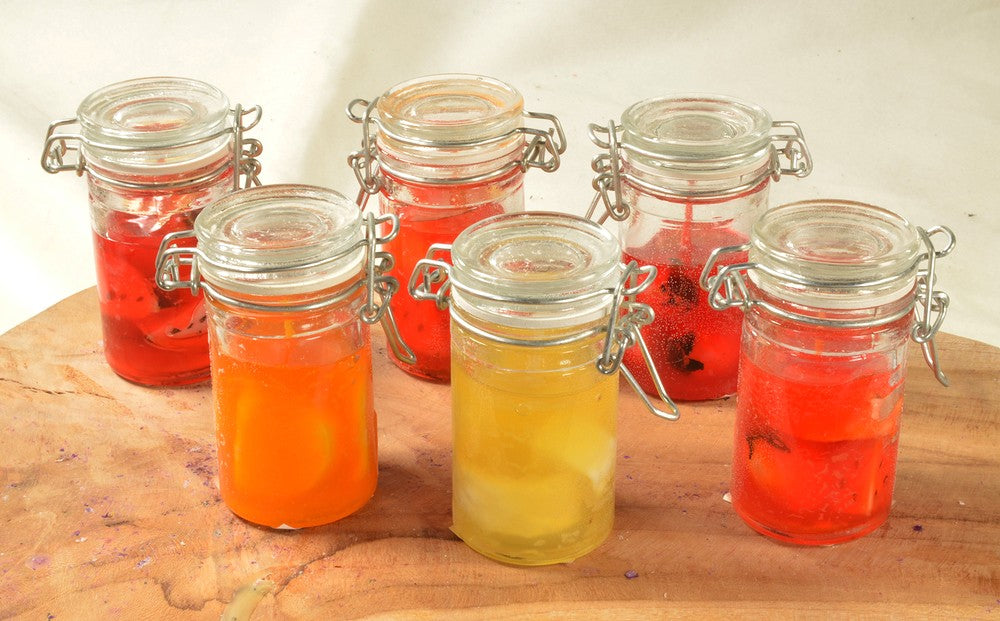 Set van 6 GEL fruitkaarsjes in wekpotjes, hoogte: 8 cm